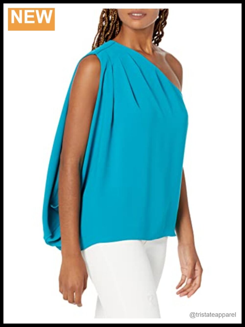 Trina Turk One Shoulder Blouse Sleeveless Pleated Mock Neck Mosaic Blue